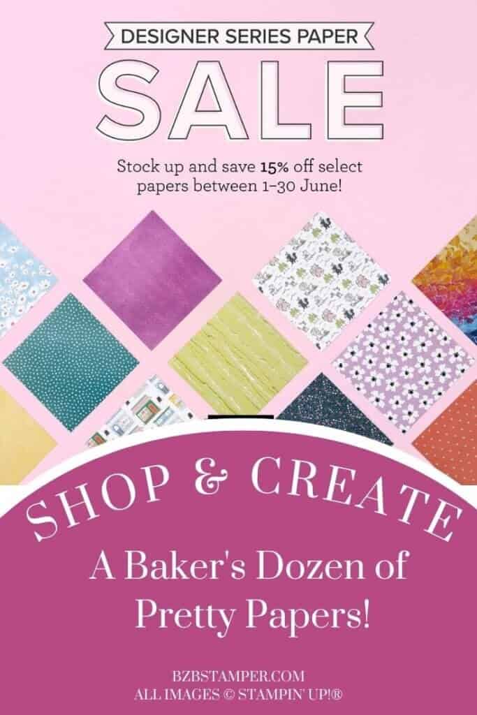Stampin' Up! Designer Series Paper graphic with images of papers that are on sale with a pink background and sale information.
