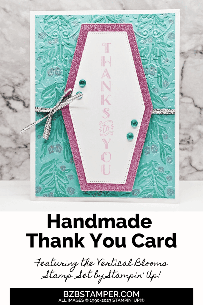 Stampin Up! Vertical Blooms Thank You Card in blues and pinks with flowers and die-cuts.
