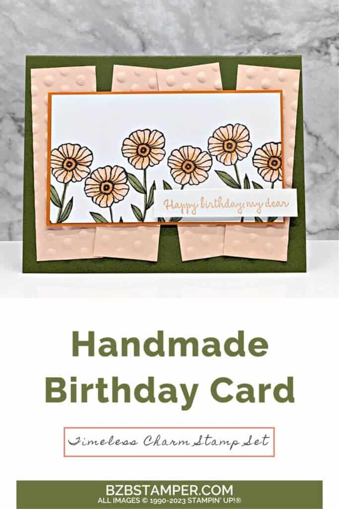 Timeless Charm Stamp Set in pinks and greens, with a Happy Birthday sentiment