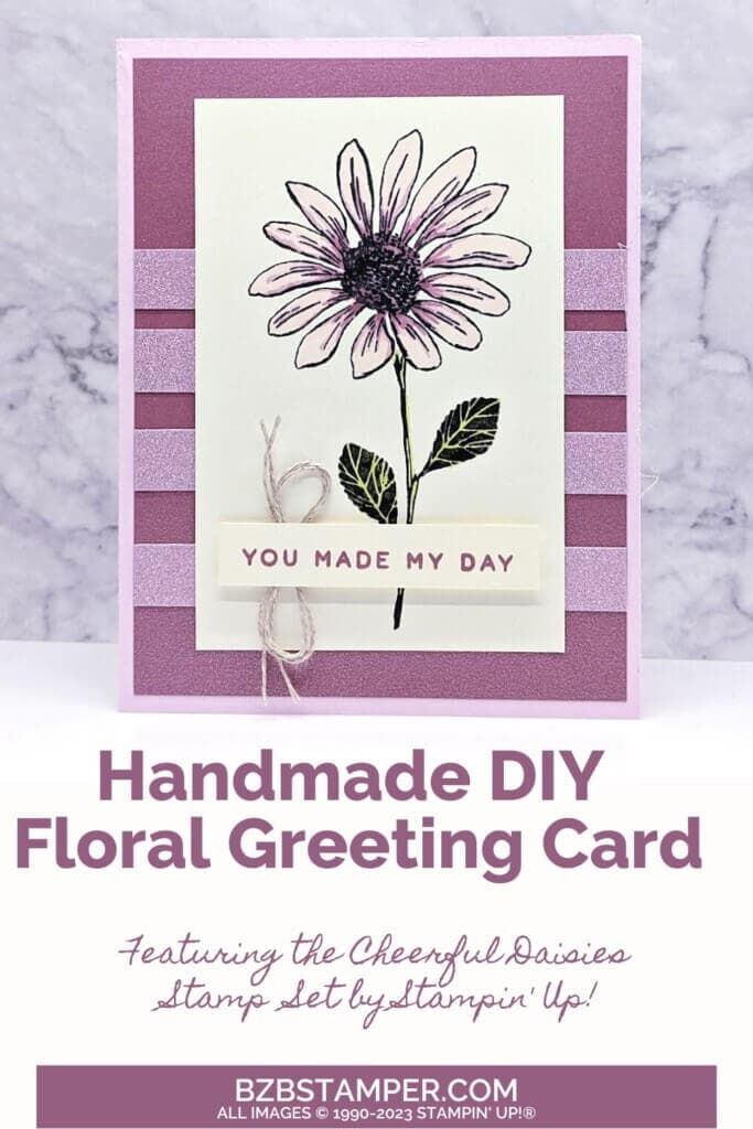 Elegant Daisies Handmade Card in shades of purple with a "you made my day" sentiment.