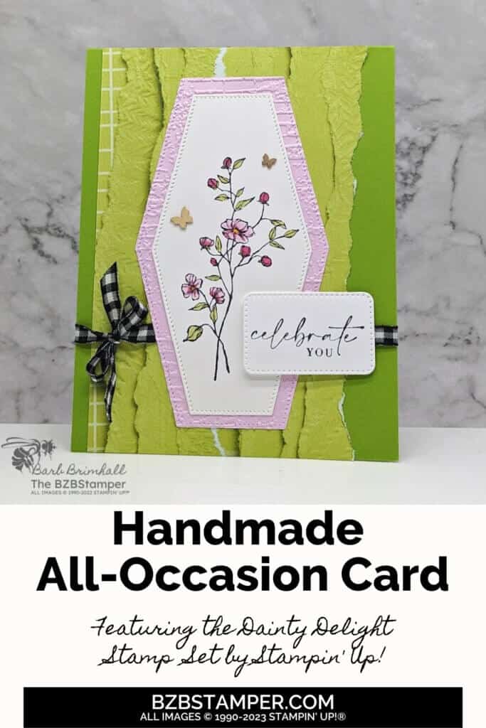 Dainty Delight Stamp Set in greens and pinks with a pretty floral image and butterfly trinkets.
