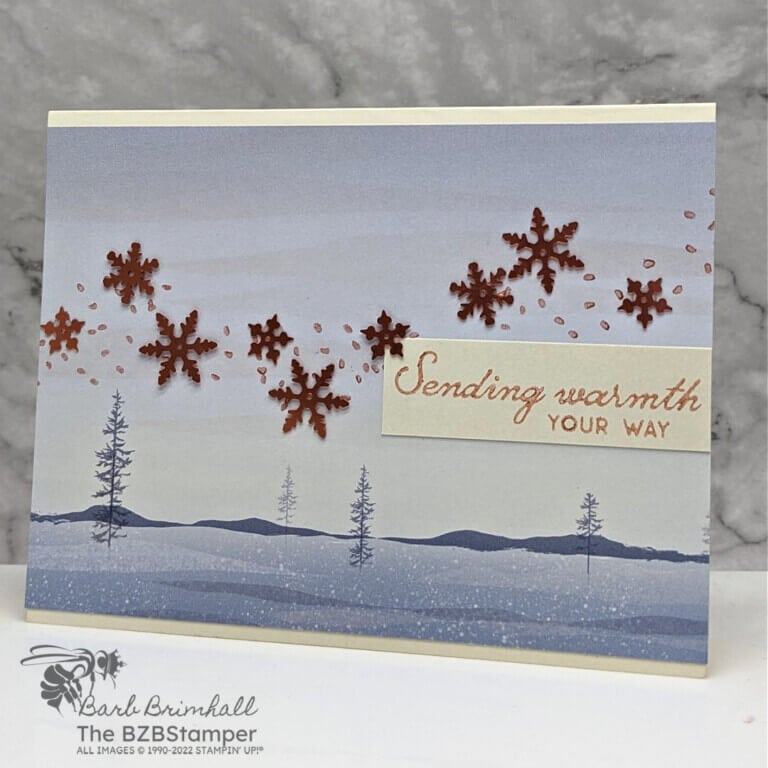 One Horse Open Sleigh Designer Series Paper with copper snowflakes and a sending warmth sentiment.