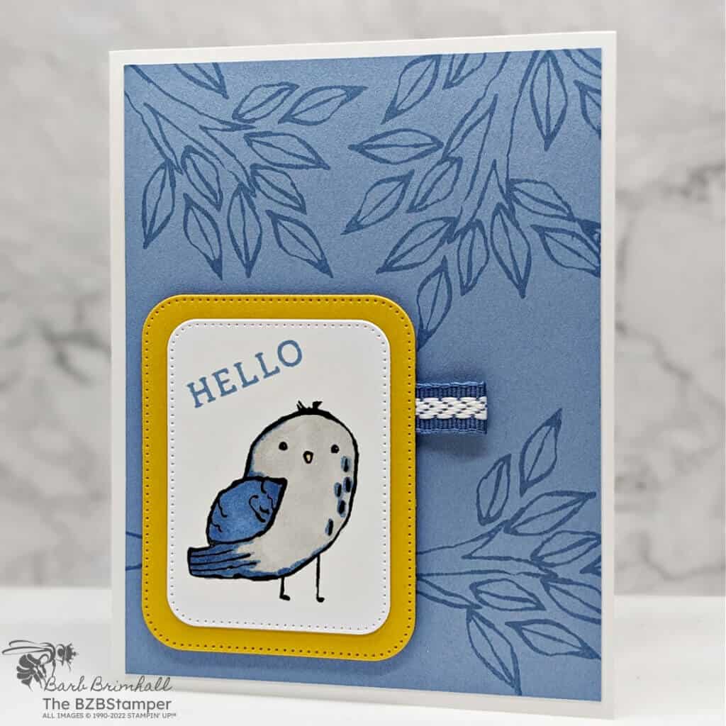 Hello Cards with Birds Eye View Stamp Set in blues and yellows and a small bird saying hello.