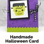 Halloween Magic with Tricks & Treats Stamp Set in green and purple with a fun Frankenstein face and black and white checked ribbon.