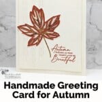 Autumn Leaves Bundle by Stampin' Up! in Cajun Craze ink with one autumn leaf with gold foiling veins and an Autumn Is Beautiful sentiment