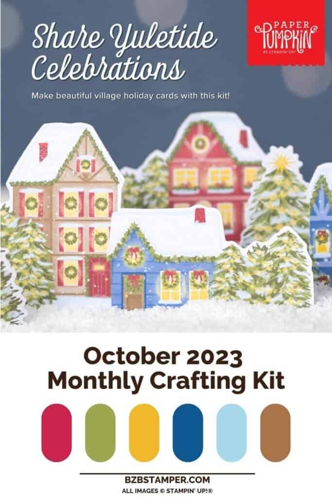 Monthly Crafting Subscription box pin featuring handstamped Christmas houses in festive design in various colors.
