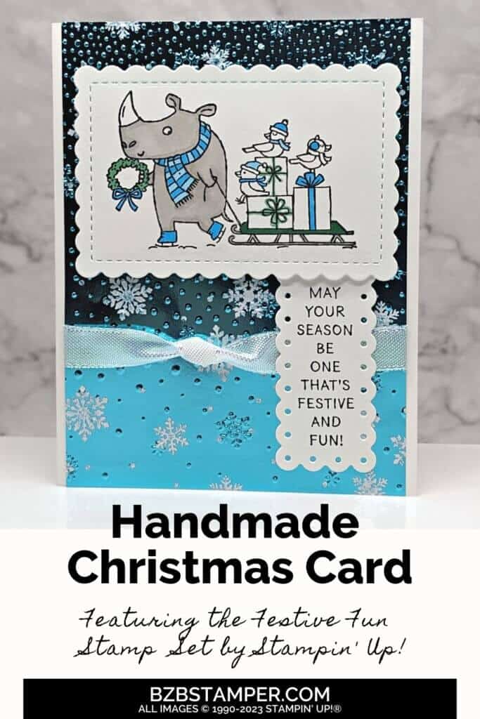 Adorable Christmas Card using the Festive and Fun Stamp Set by Stampin' Up! in blue papers with a Rhino and some birds sitting on packages.