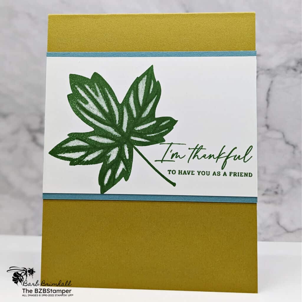Autumn Leaves Thank You Card in greens, blues and mustard.  Features single leaf with "I'm Thankful" sentiment.