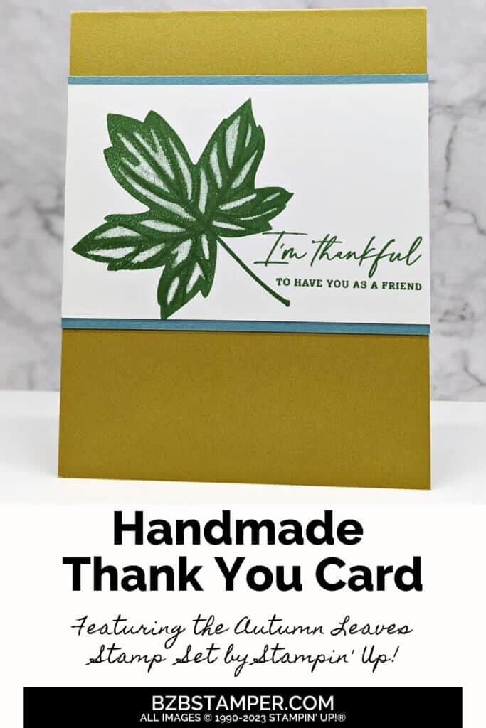 Autumn Leaves Thank You Card with a single green leaf and blue and taupe cardstock colors.