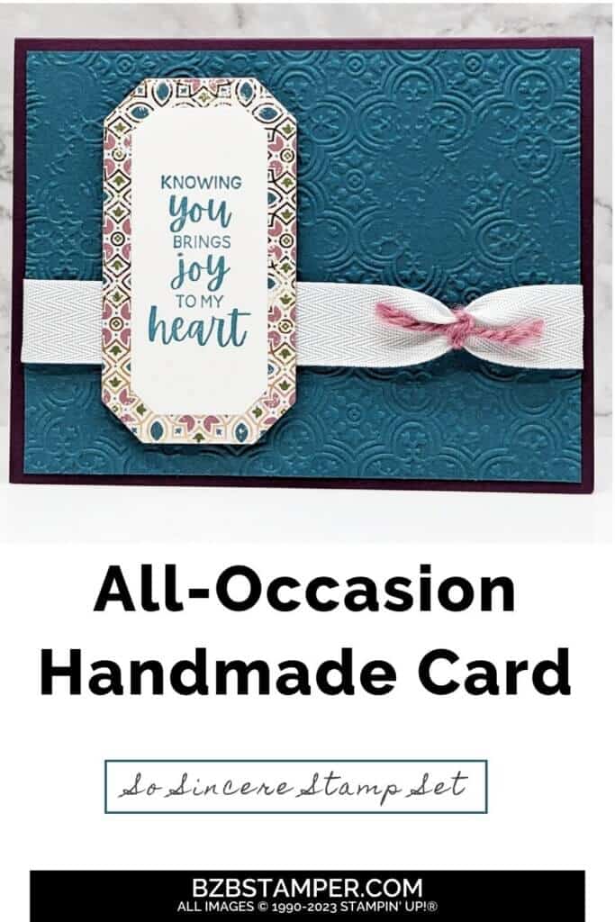 Unleash Your Creativity with the So Sincere Stamp Set in purple and blue with some fun ribbon embellishments, an embossed background and pretty paper. Sentiment is "knowing you brings joy to my heart."