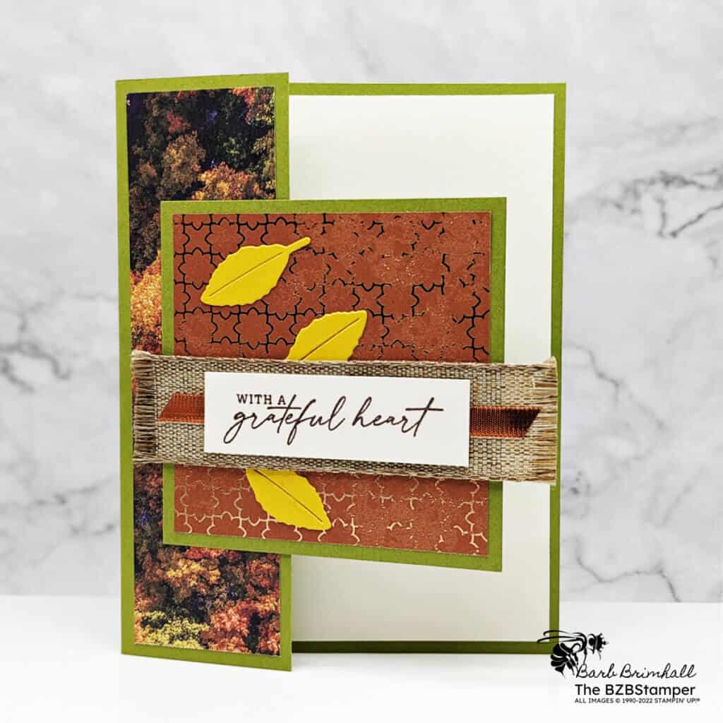 Thank You Card using the Autumn Leaves Bundle in copper, gold, yellow and greens.  Sentiment is "with a grateful heart."