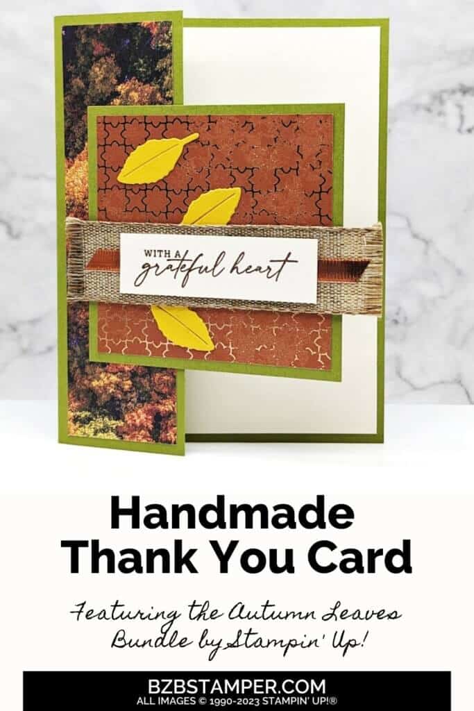 Thank You Card using the Autumn Leaves Bundle with lots of pretty paper in greens, copper and yellow. Sentiment is with a grateful heart and there is natural and copper ribbon