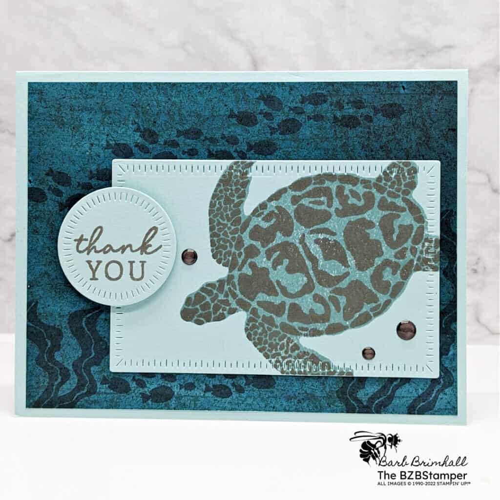 Reversible Stamps by Stampin' Up! featuring the Sea Turtle Stamp Set.  This is a thank you card, in blues and browns, featuring a large turtle.