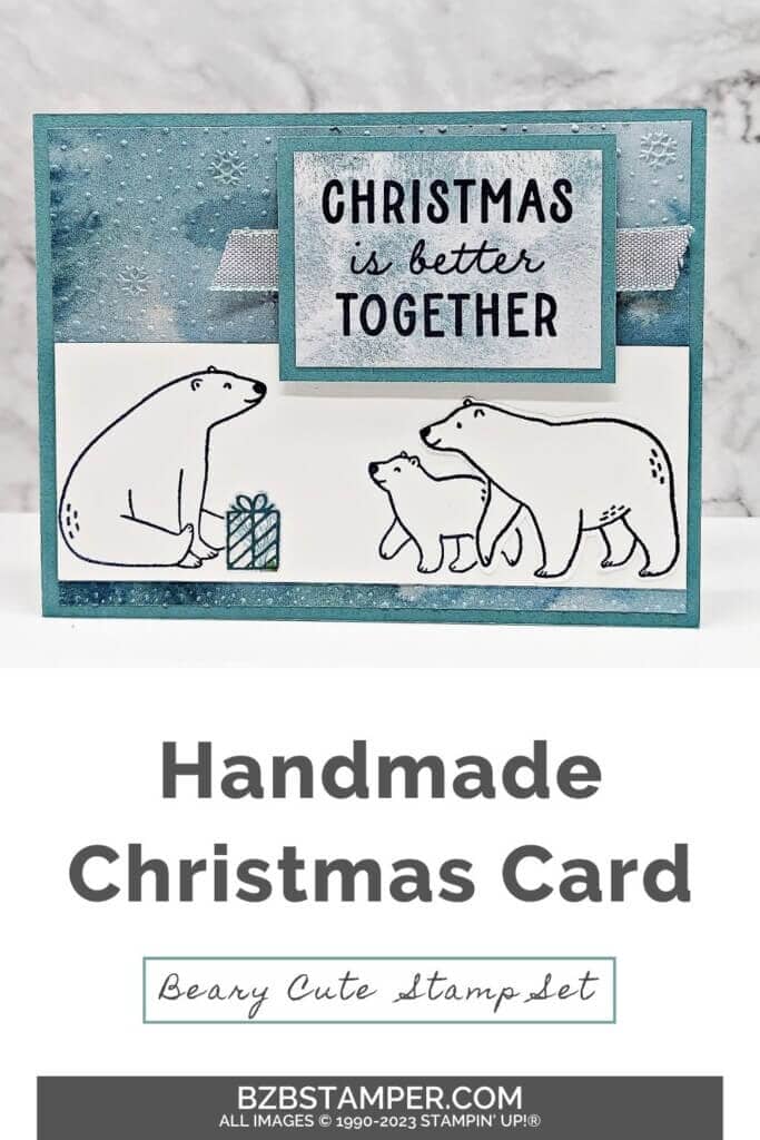 Beary Cute Bundle by Stampin Up featuring 3 polar bears with a present, some pretty paper in blues, and a sentiment of "Christmas Is Better Together.