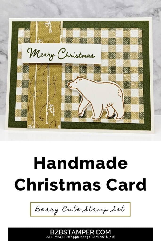 Beary Cute Stamp Set by Stampin Up, featuring pretty plaid paper in olive and tan, and a cute polar bear. Sentiment is "Merry Christmas".