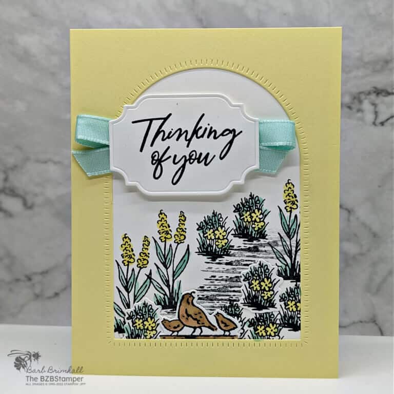 Thinking of You Card With the Magical Meadow Bundle featuring a path, flowers, and quail in yellow and light blue.