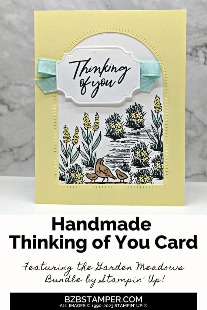 Thinking of You Card With the Magical Meadow Bundle featuring a path, flowers, and quail in yellow and light blue.