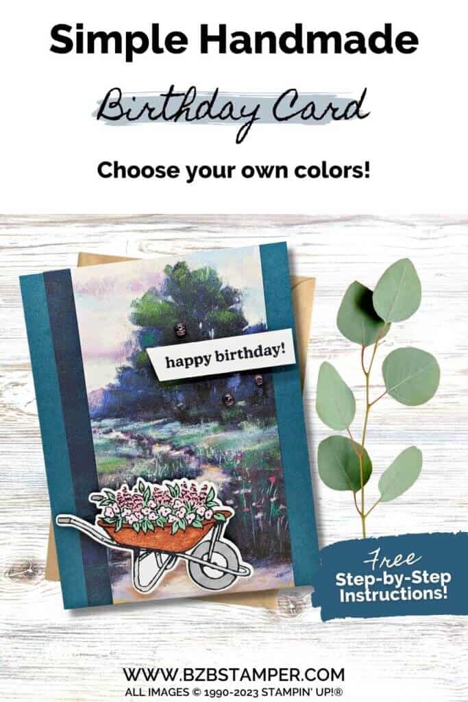 Handmade Birthday Card featuring the Garden Meadows Bundle in blues and greens with a wheelbarrow with flowers.