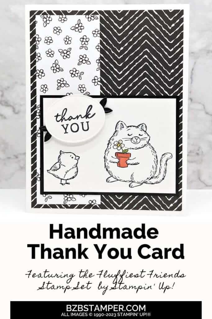 Black & White thank you card with the Fluffiest Friends Stamp Set by Stampin' Up! Features black & white paper, with a kitty and bird, with a pop of color in the flower post with a single flower.