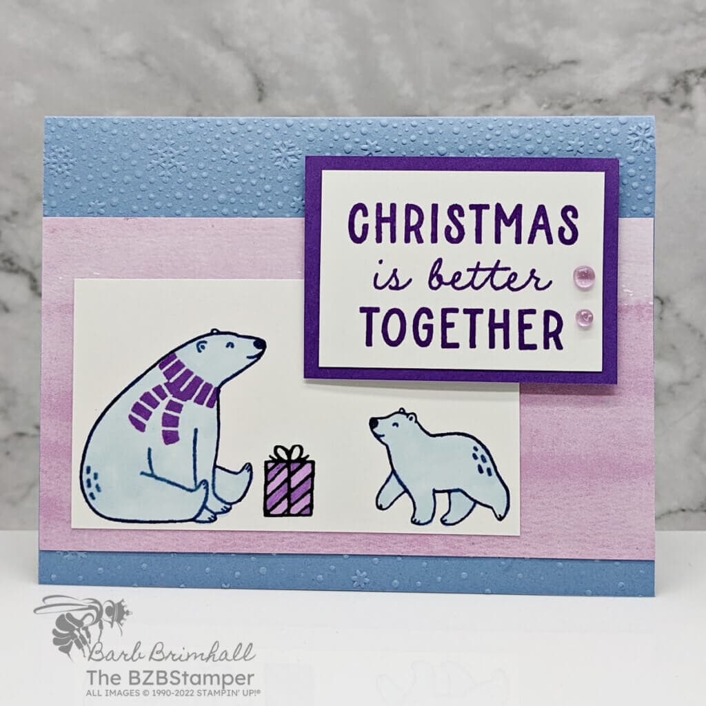 Beary Cute Christmas Card featuring a Christmas is better together in blues and purples. Has 2 polar bears and a present.