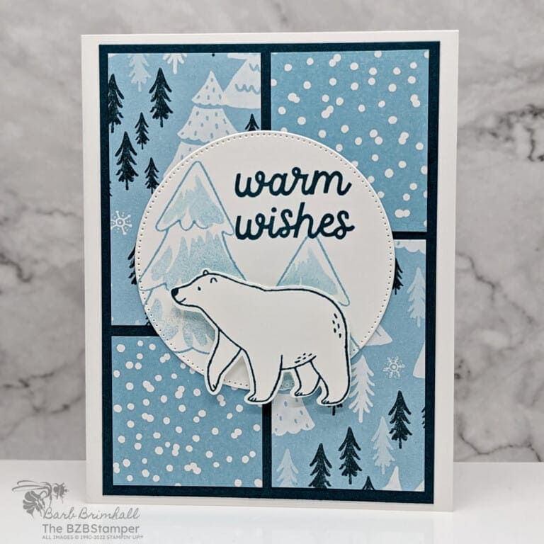 Winter Card with 4 squares of pretty paper featuring a "warm wishes" sentiment with a polar bear image.