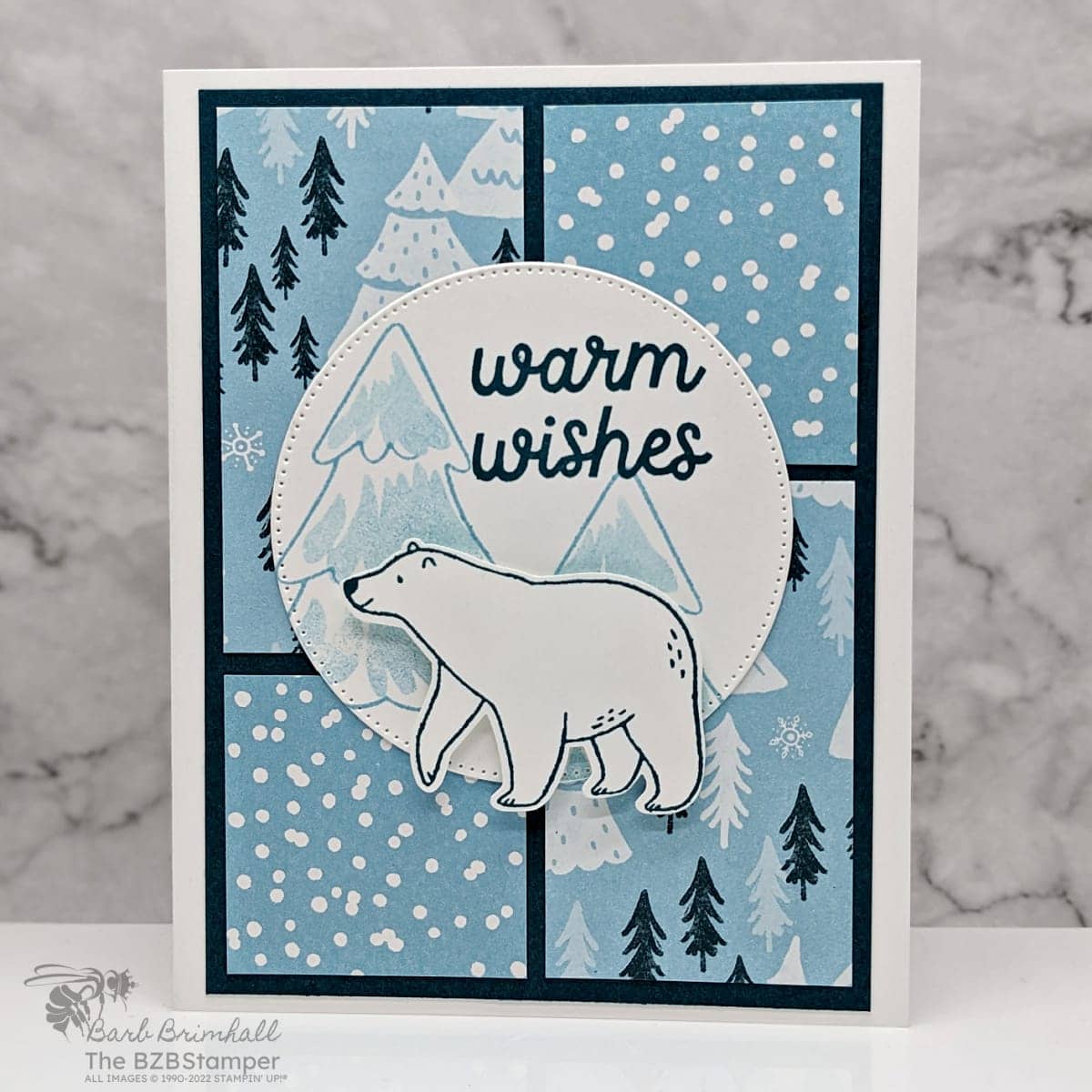 Warm Wishes with the Beary Cute Stamp Set is a Winter Card with 4 squares of pretty paper featuring a "warm wishes" sentiment with a polar bear image.