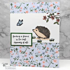 Happy Hedgehogs Handmade Card with blue and pink floral paper and hedgehog looking at a butterfly.