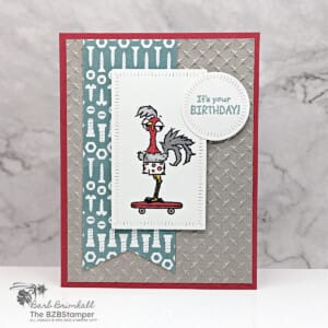 Handmade Birthday Card for Men featuring a rooster on a skateboard with pretty paper featuring screws.