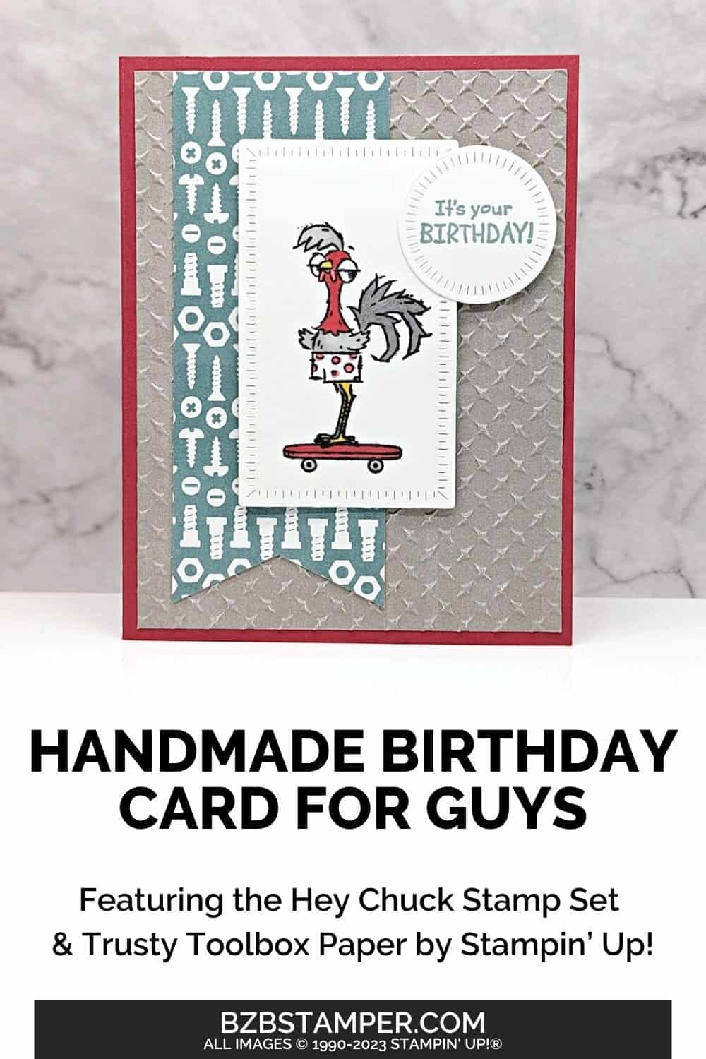 Handmade Birthday Cards for Men featuring a rooster on a skateboard with pretty paper featuring screws.