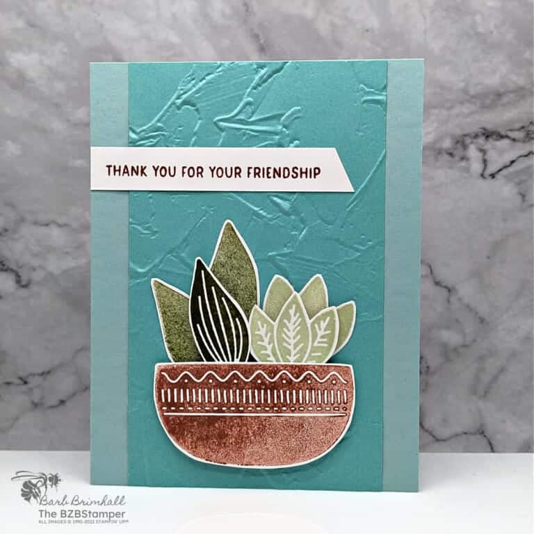 Thank You Card using Planted Paradise Stamp Set featuring a pot with leaves in it in blues, browns and greens and a "thank you for your friendship" sentiment.