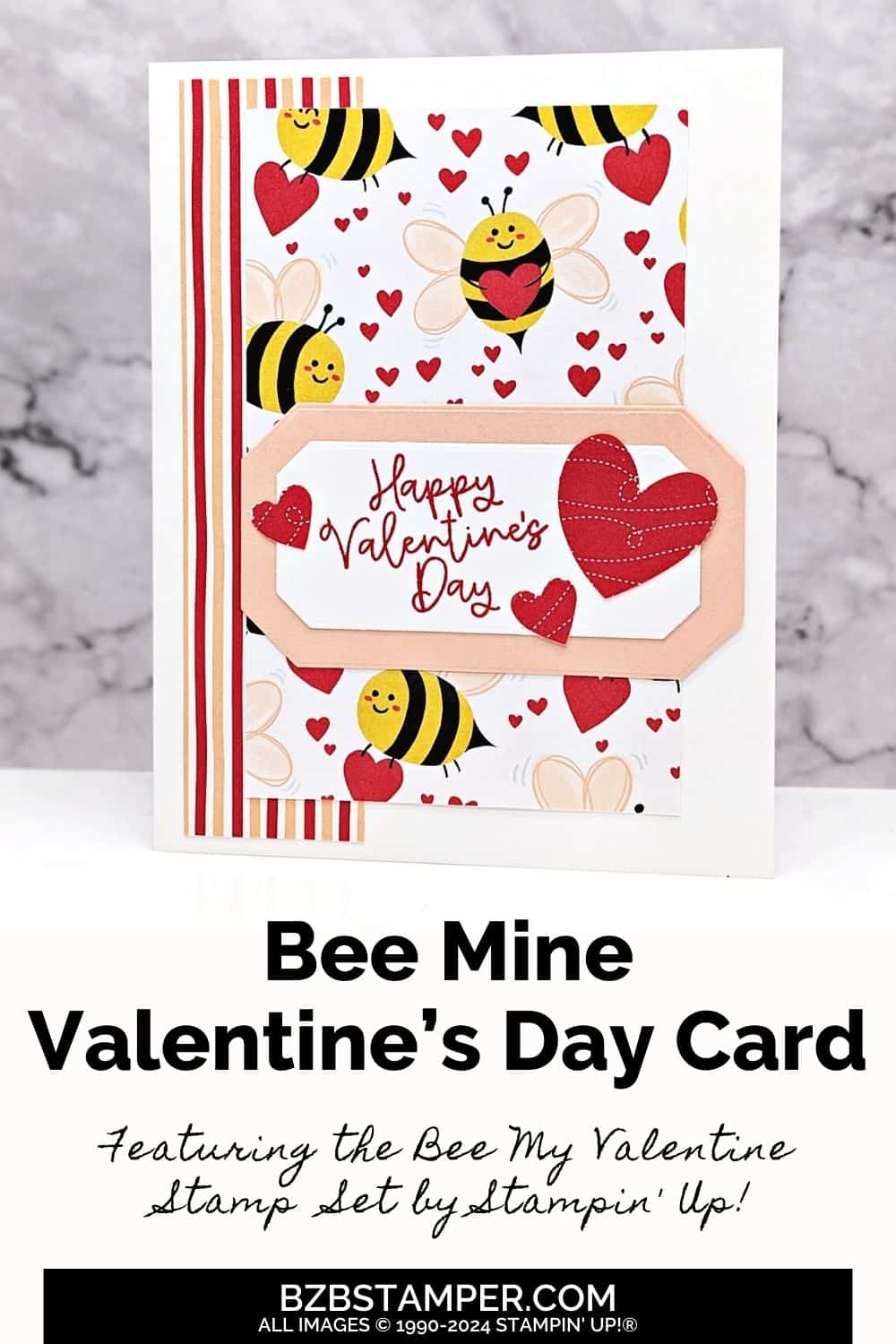 Handmade Valentine's Day Card using the Bee My Valentine Stamp Set by Stampin Up! Features pretty bee paper, red hearts, and with bee images and a Happy Valentine's Day sentiment in red ink.