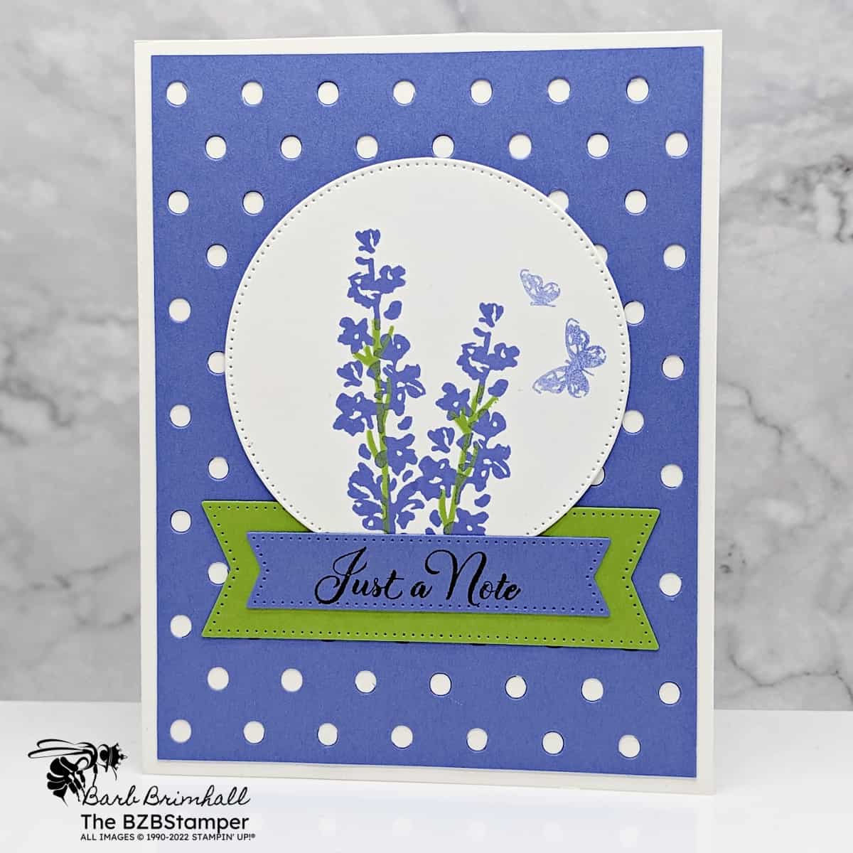 Painted Lavender Stamp Set by Stampin' Up! in purples and greens with Lavender and a butterfly image and a "just a note" sentiment.