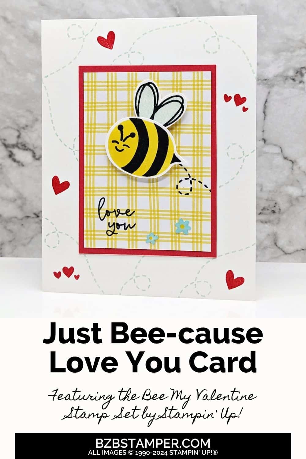 Bee My Valentine Bundle by Stampin Up featuring a bee that says "I love you" in red, blue and yellow with red hearts.