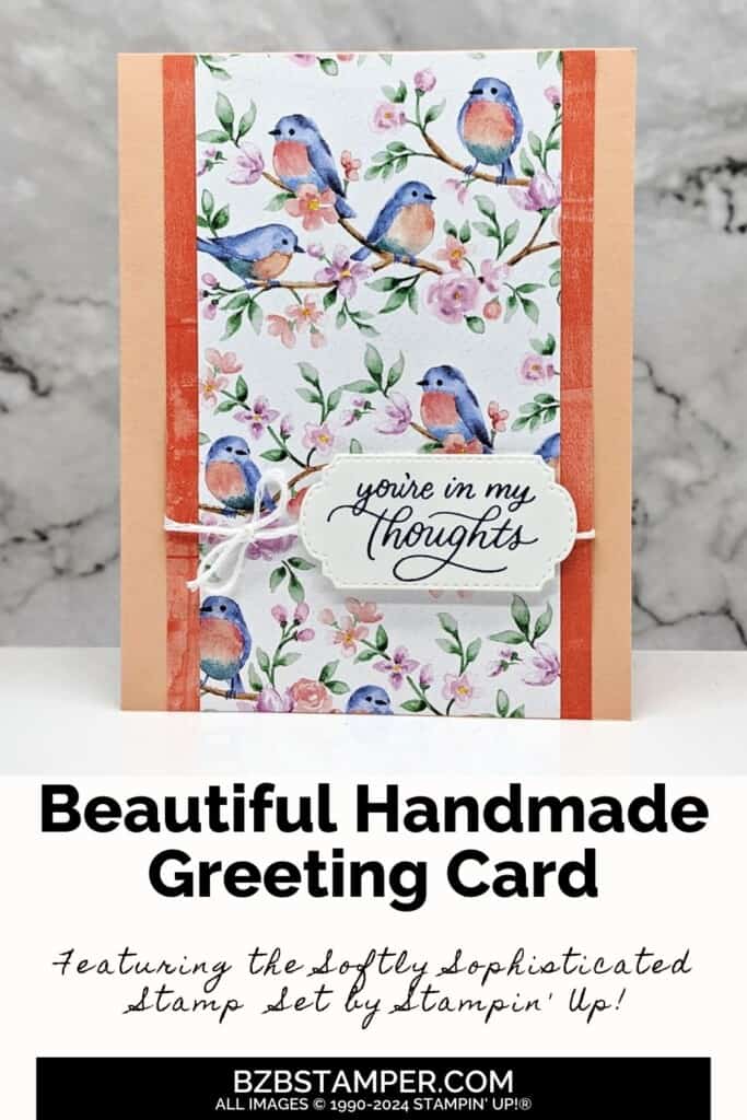 Flight and Airy Designer Paper by Stampin Up featuring pretty birds in hues of orange and coral and a "you're in my thoughts" sentiment in black ink.