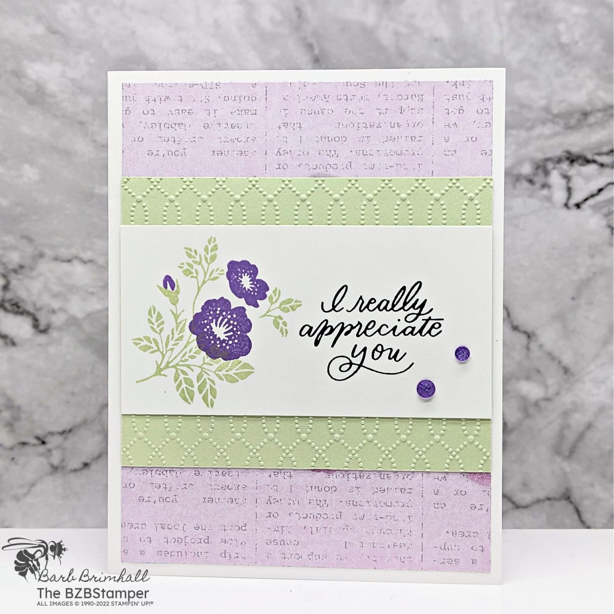 Softly Sophisticated Sale-A-Bration Bundle Tutorial. This floral card is in purple and greens, with an "I really appreciate you" sentiment.