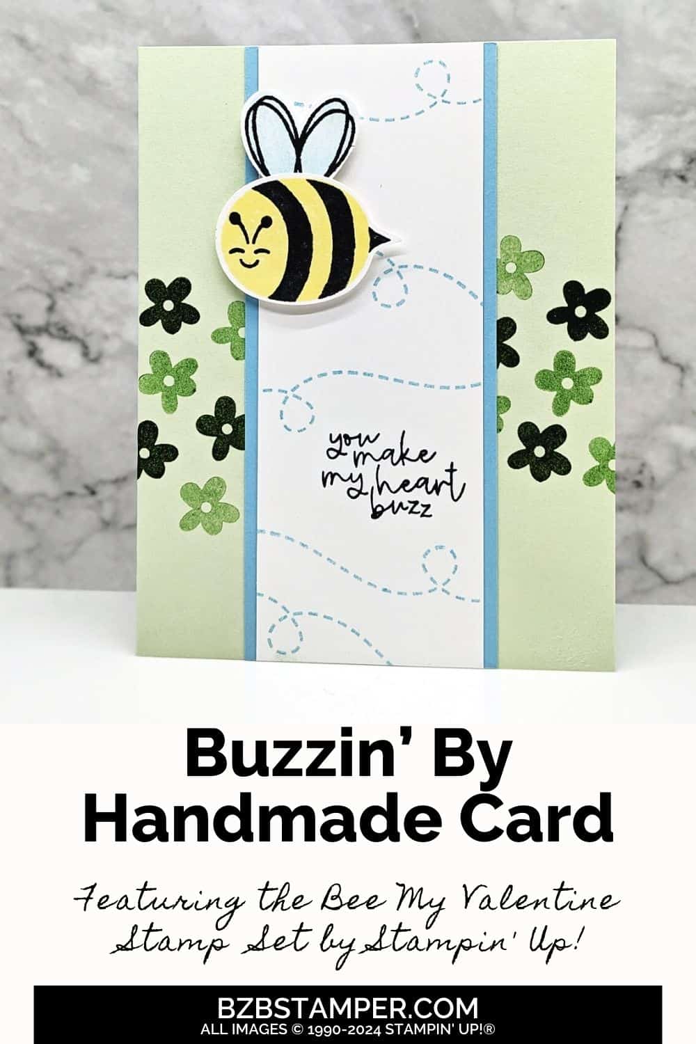 Bee Builder Punch by Stampin Up featuring spring card in greens and blues, with a Bee, flowers and bee trails, and a sentiment "you make my heart buzz."