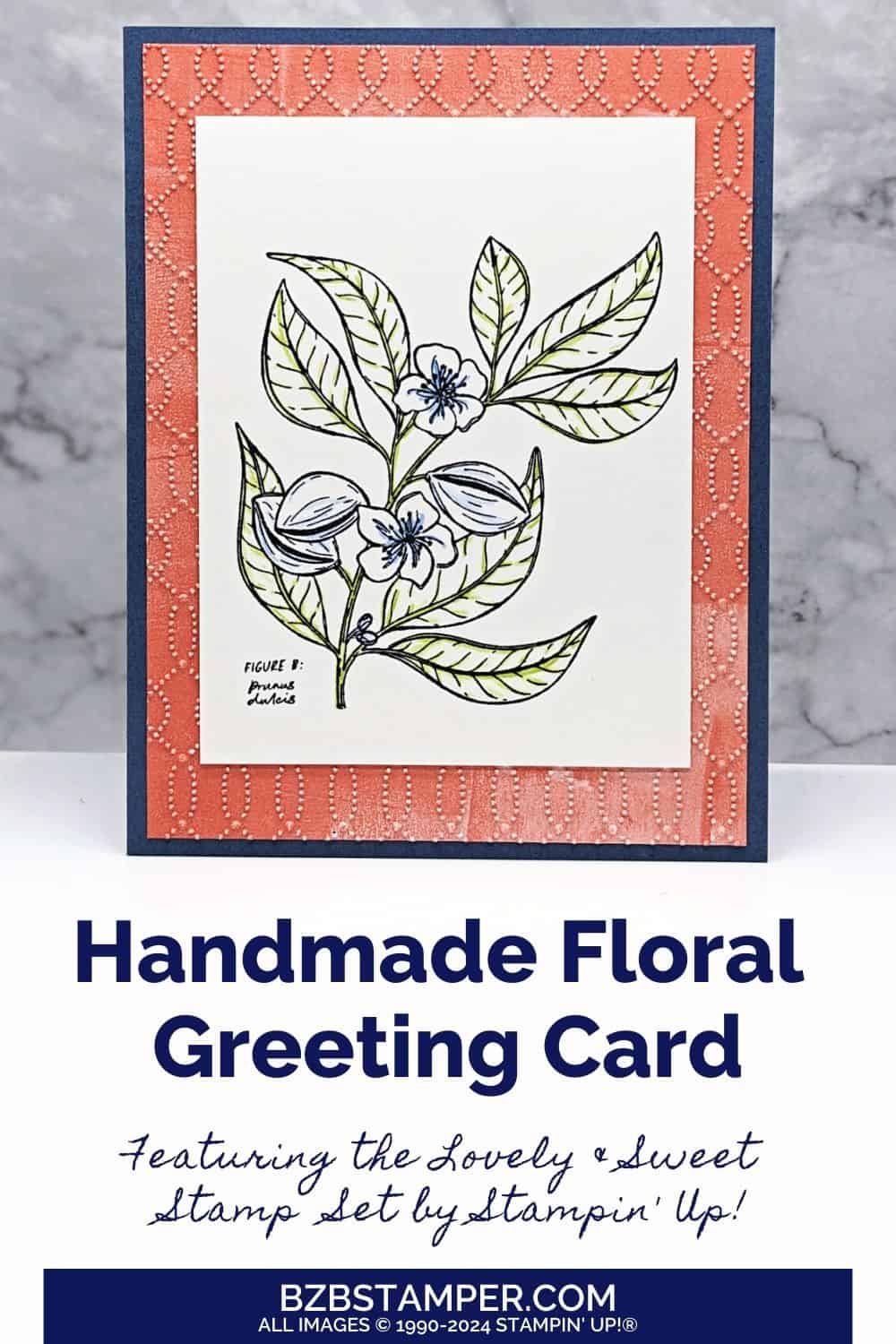 Lovely and Sweet Stamp Set

Features a floral image in blues and greens using coral and navy paper.  There is no sentiment on this card.
