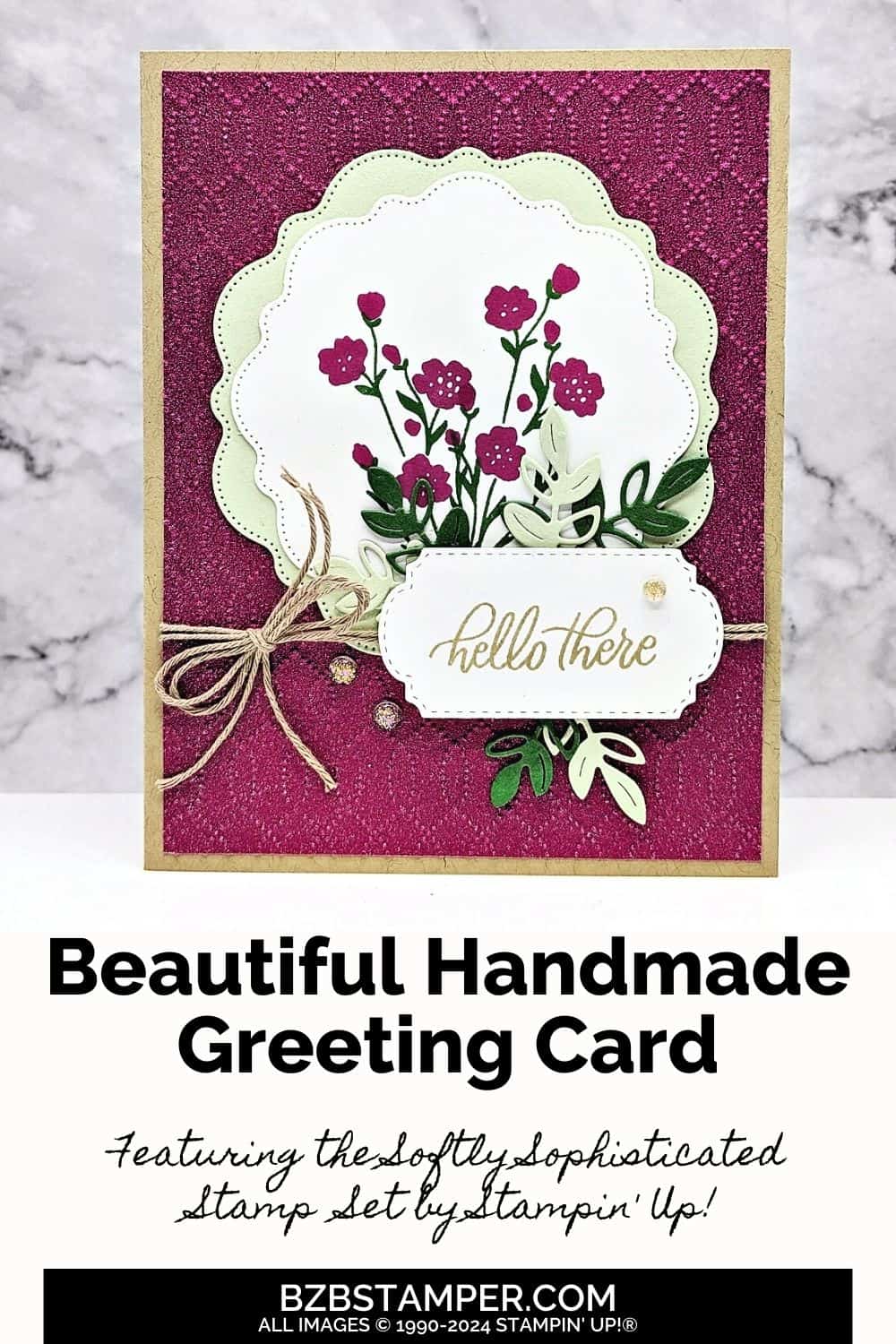 Softly Sophisitcated Card Idea featuring several die-cuts, floral images and a "hello there" sentiment.  Colors are in kraft, light green and burgundy.