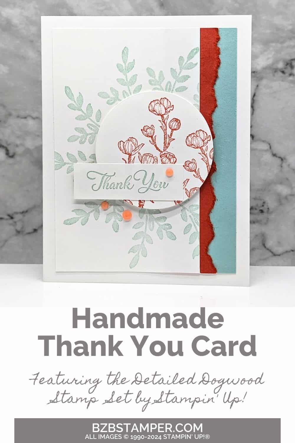 Detailed Dogwood Thank You Card in blues and oranges, featuring leaves and a circle stamped with a dogwood branch.