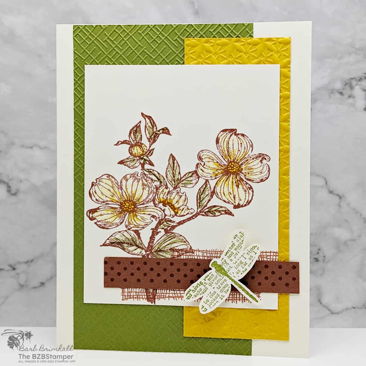 Detailed Dogwood Handmade Card

In green, yellow and brown with a dragonfly image, no sentiment
