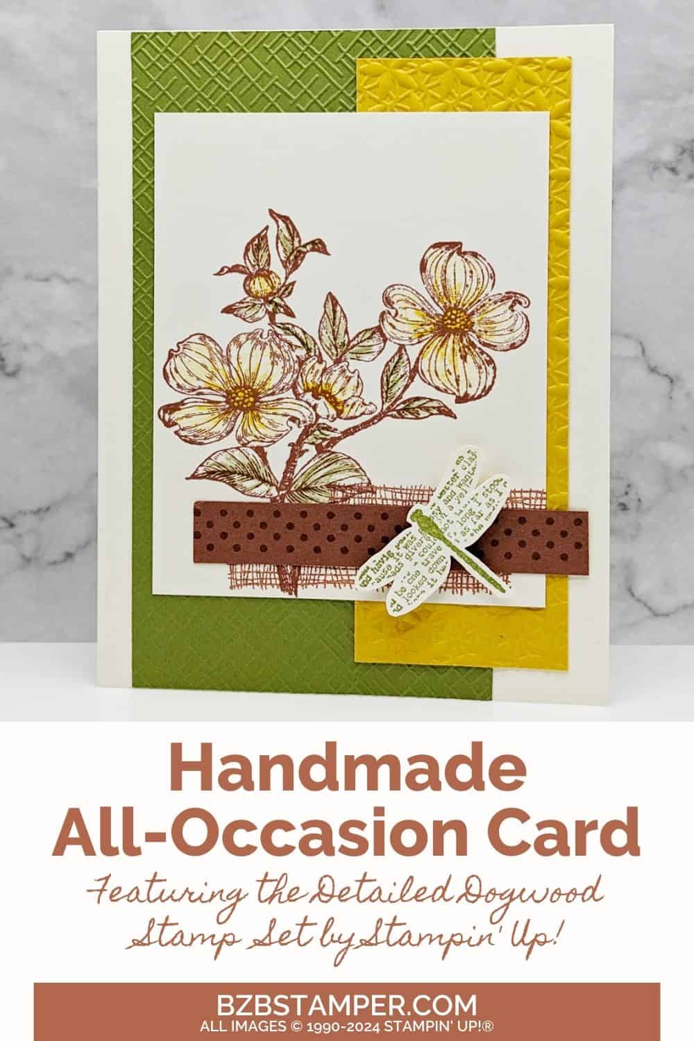 Detailed Dogwood Handmade Card using browns, greens, and yellows in ink and cardstock.  There is a dragonfly die-cut on this card as well.