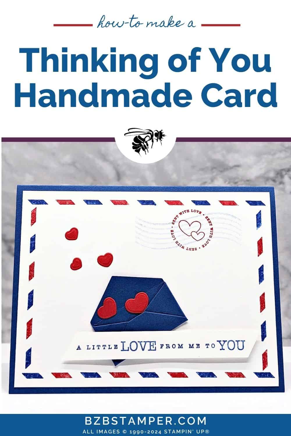 Thinking of You card with the Sending Love Bundle.   Card is in Blues and Reds with a red border around the front mat. The sentiment is "a little love from me to you"