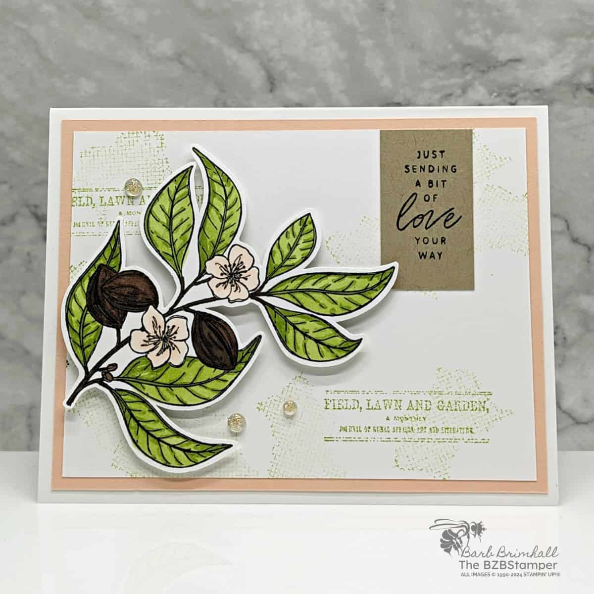 Lovely and Sweet Bundle by Stampin Up in greens, pinks and browns.  Features a die-cut flowers with a collage feel.
