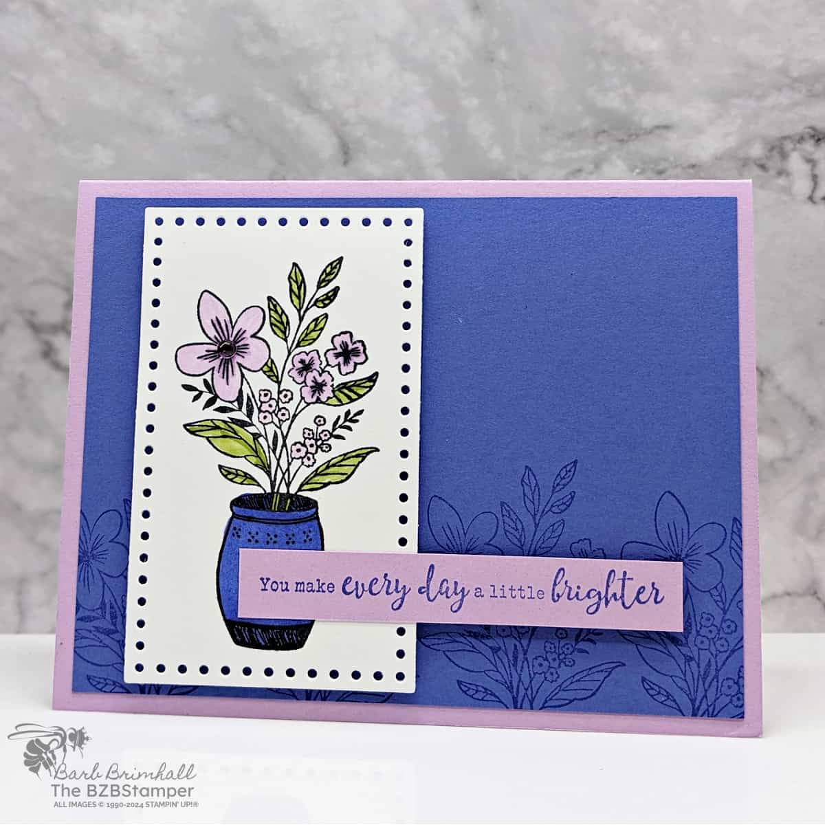 Thinking of You Card using the Everyday Details Bundle and a vase colored with Blend Markers in Blue, purple, and green. 