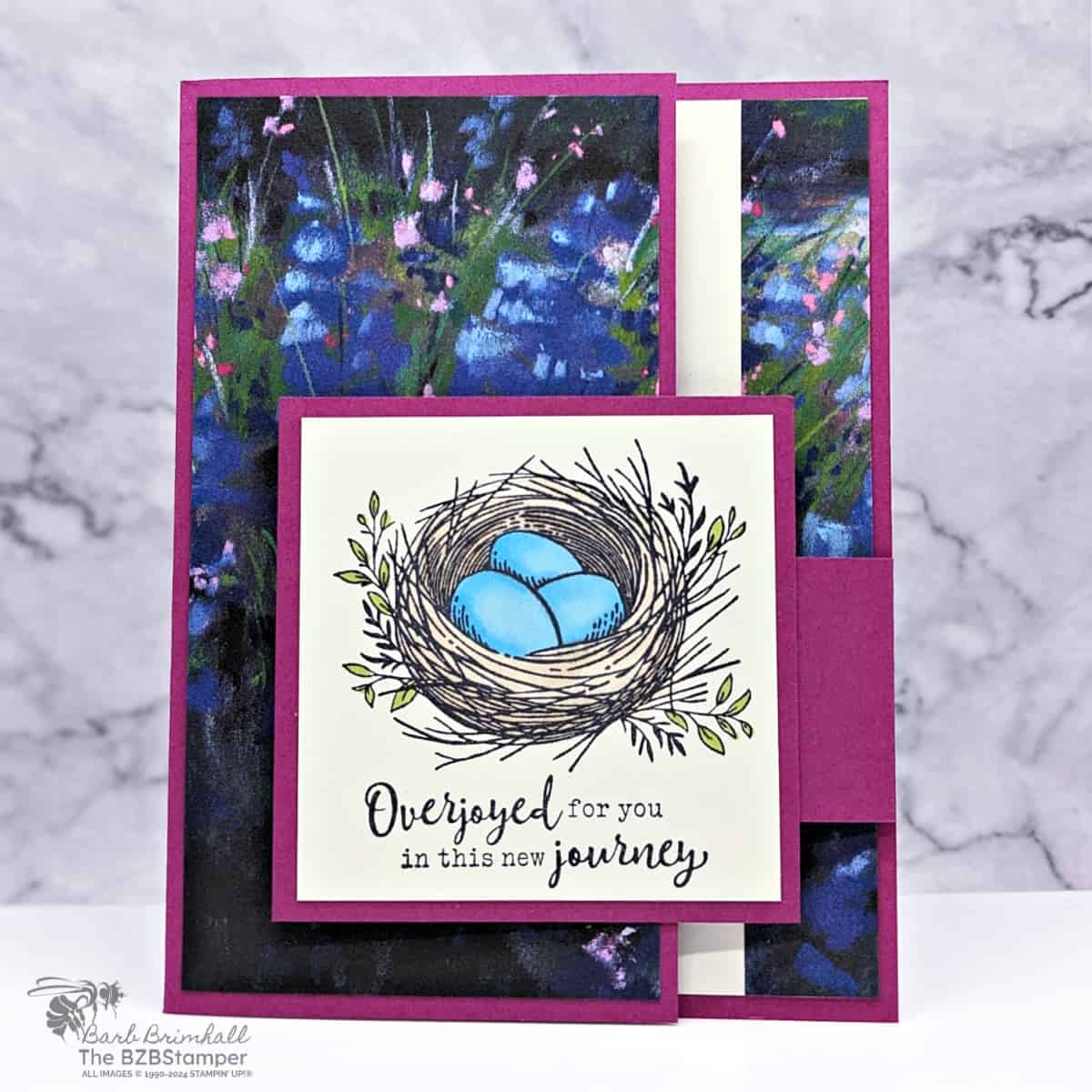 Fun Fold Card featuring the Everyday Details Stamp Set with a side swing arm, beautiful meadow paper and a nest with eggs in it.