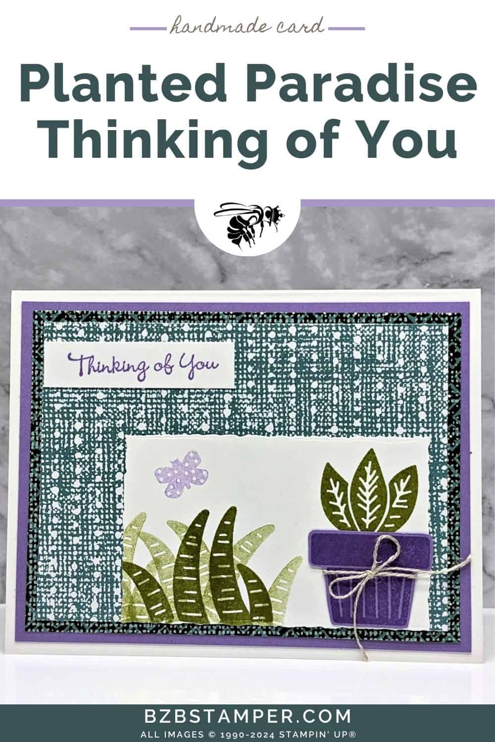 Planted Paradise Thinking of You Handmade Card in green and purple with pretty paper, a butterfly and a potted plant with foliage.