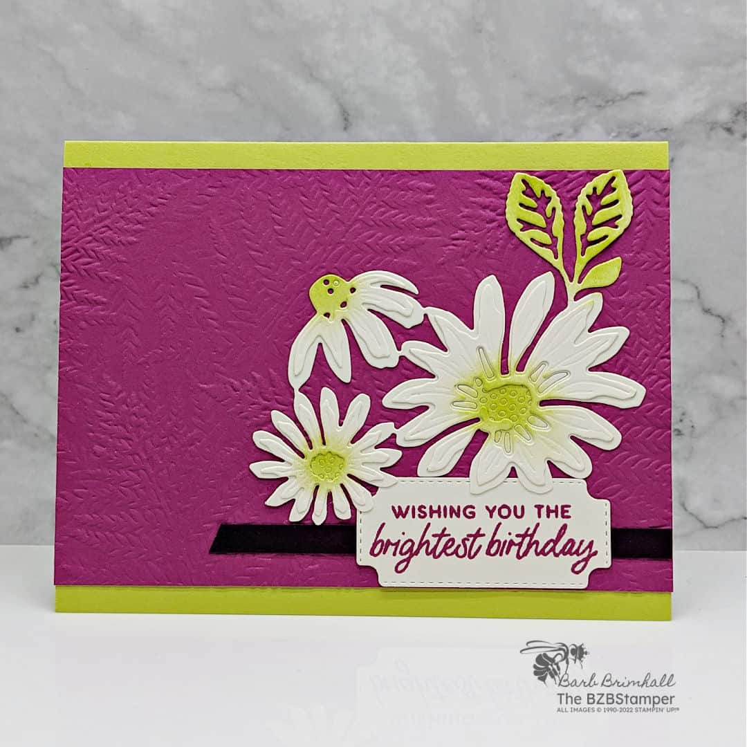 Cheerful Daisies Birthday Card Tutorial featuring a "brightest birthday" sentiment and white daisies that have the centers colored in with ink.  