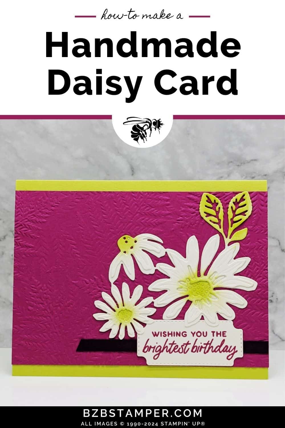 Cheerful Daisies Birthday Card Tutorial featuring a purprle and bright green card with a"brightest birthday" sentiment and white daisies that have the centers colored in with ink.  