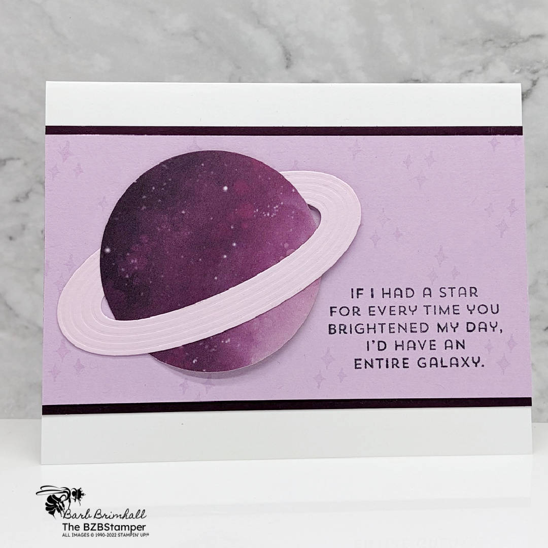 Cosmic Card Using The Reach for the Stars Bundle in purples.  Features a planet with the sentiment "If I had a star for every time your brightened my day..."
