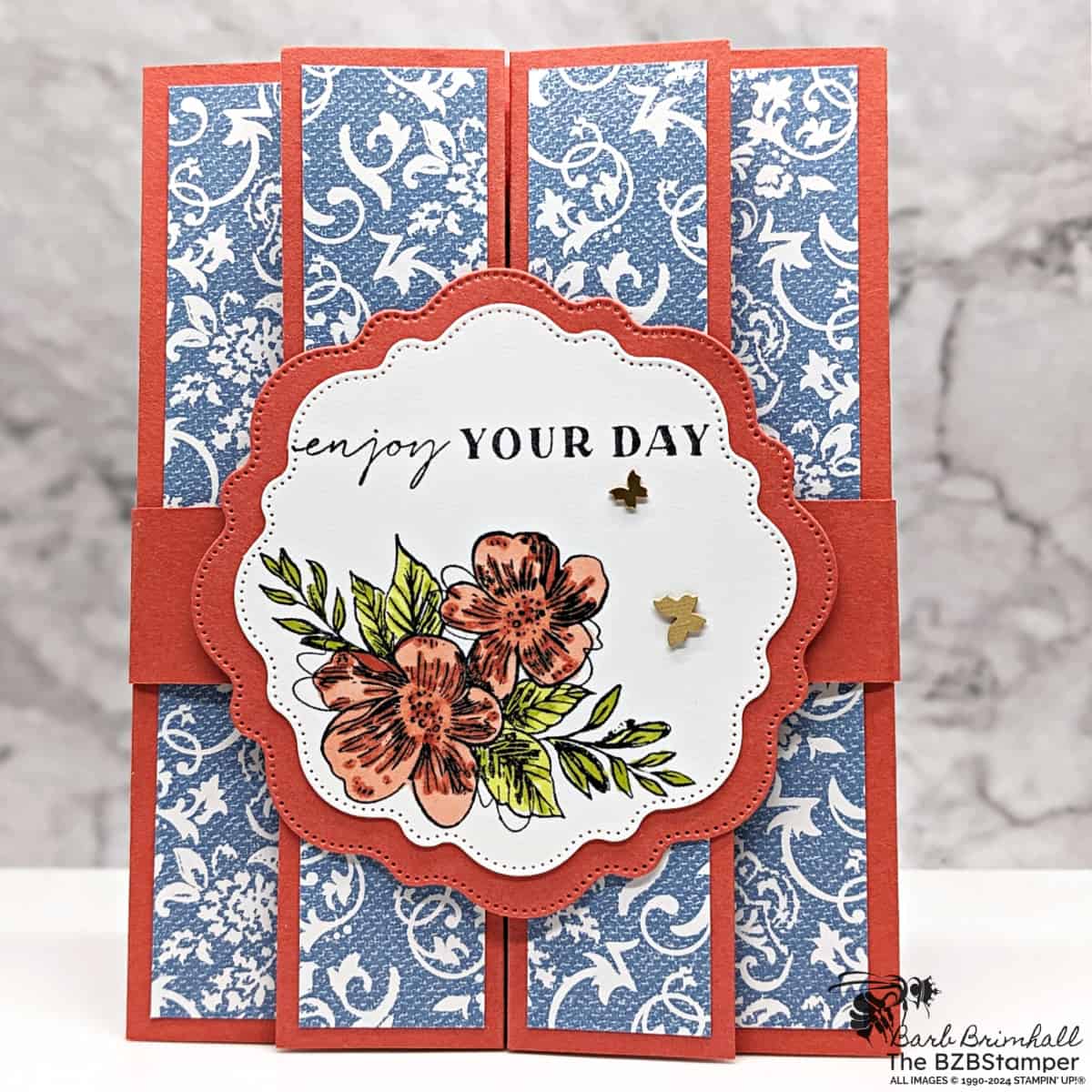 Fun Fold Thoughtful Expressions Card featuring flowers in orange and green, with an "enjoy your day" sentiment and butterfly embellishments.